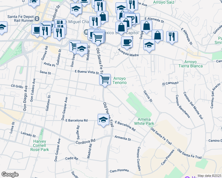 map of restaurants, bars, coffee shops, grocery stores, and more near 825 Old Santa Fe Trail in Santa Fe