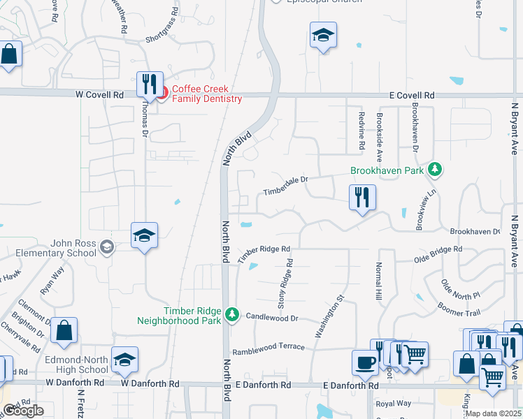 map of restaurants, bars, coffee shops, grocery stores, and more near 2100 Timberdale Drive in Edmond