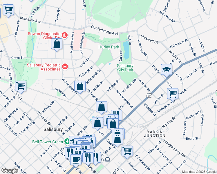 map of restaurants, bars, coffee shops, grocery stores, and more near 724 North Fulton Street in Salisbury