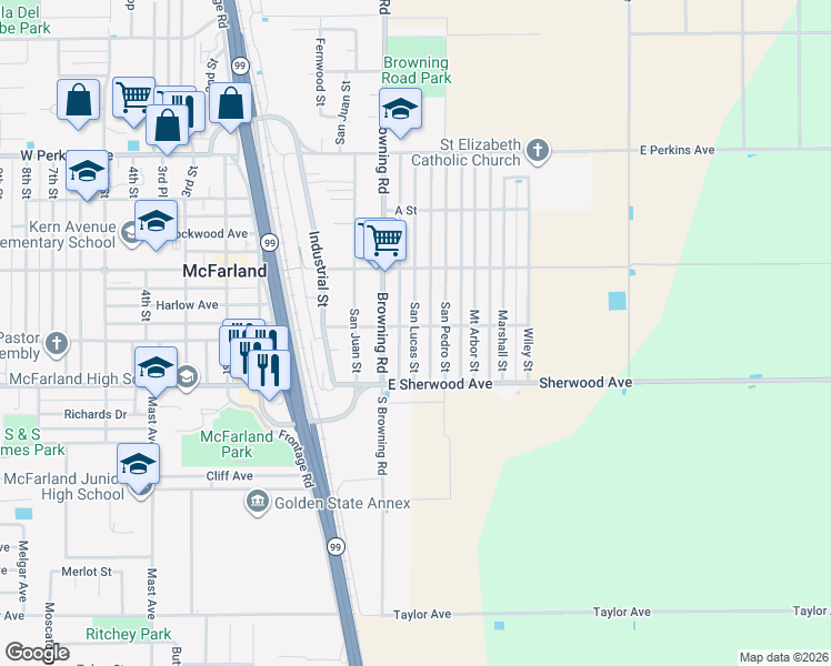 map of restaurants, bars, coffee shops, grocery stores, and more near 182 San Lucas Street in McFarland