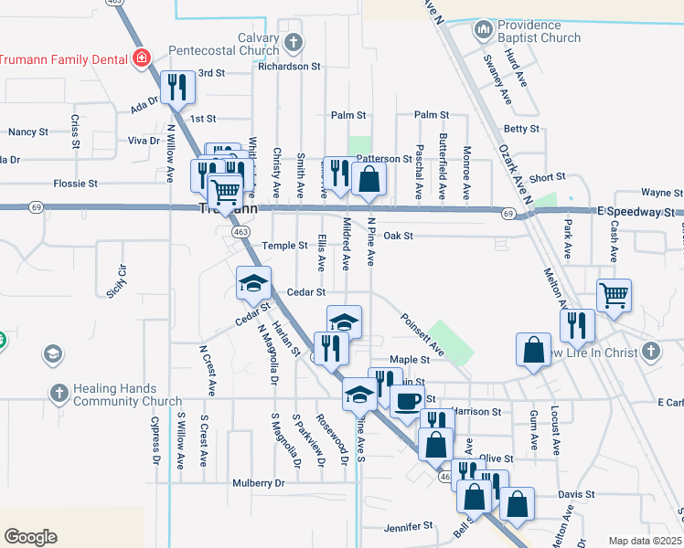 map of restaurants, bars, coffee shops, grocery stores, and more near 313 Mildred Avenue in Trumann