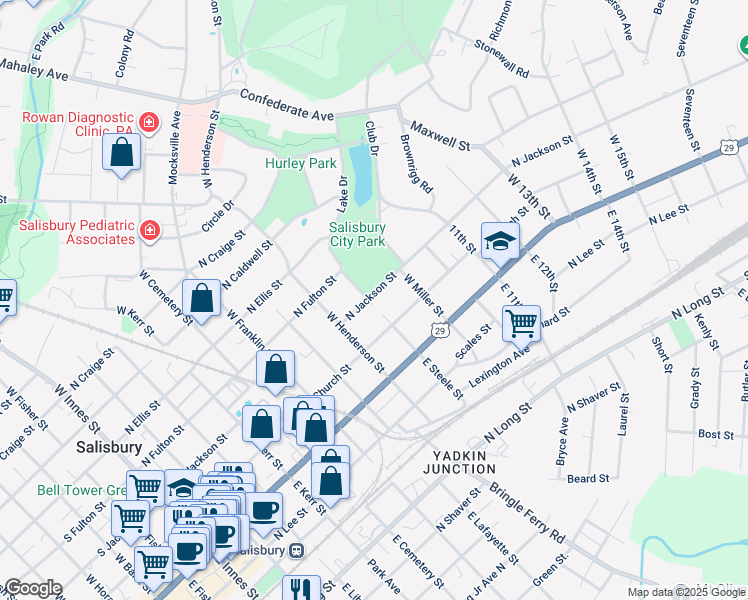 map of restaurants, bars, coffee shops, grocery stores, and more near 901 North Jackson Street in Salisbury