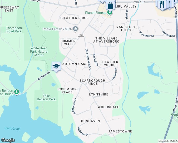 map of restaurants, bars, coffee shops, grocery stores, and more near 700 Old Scarborough Lane in Garner