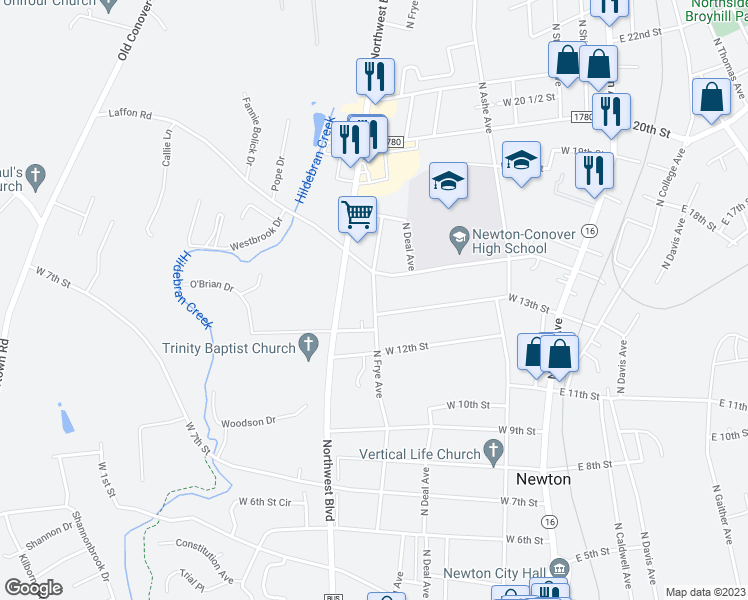 map of restaurants, bars, coffee shops, grocery stores, and more near 1326 North Frye Avenue in Newton