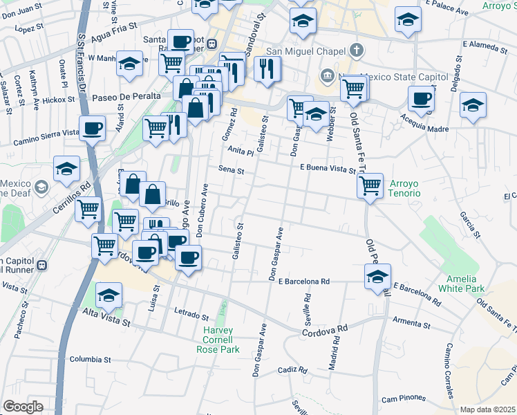 map of restaurants, bars, coffee shops, grocery stores, and more near 125 West Coronado Road in Santa Fe