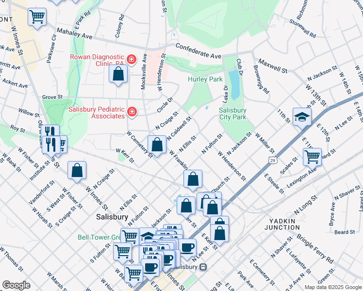 map of restaurants, bars, coffee shops, grocery stores, and more near 631 North Ellis Street in Salisbury