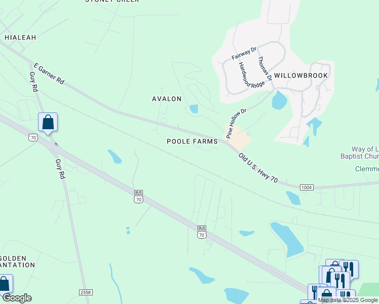 map of restaurants, bars, coffee shops, grocery stores, and more near 3916 Icana Poole Road in Clayton