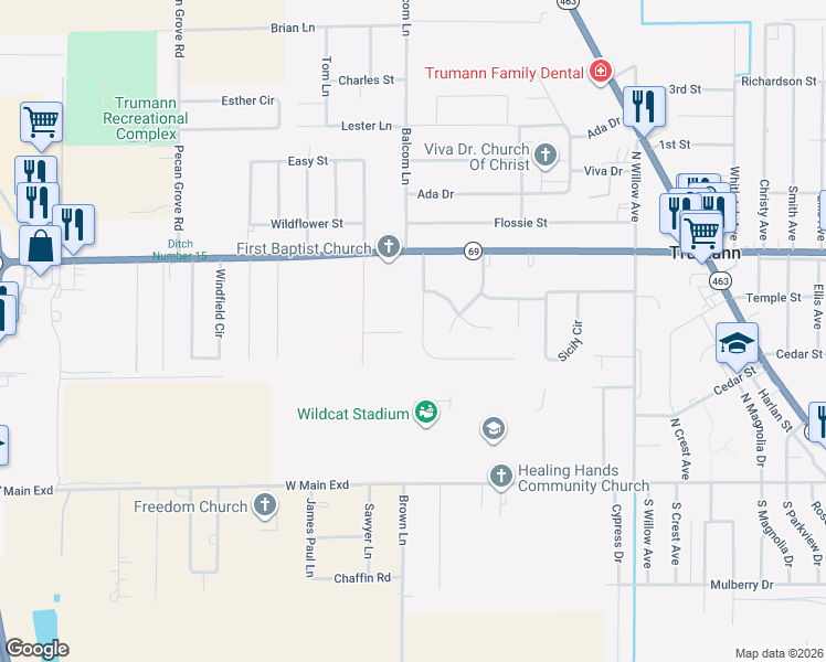 map of restaurants, bars, coffee shops, grocery stores, and more near 449 Fox Run in Trumann