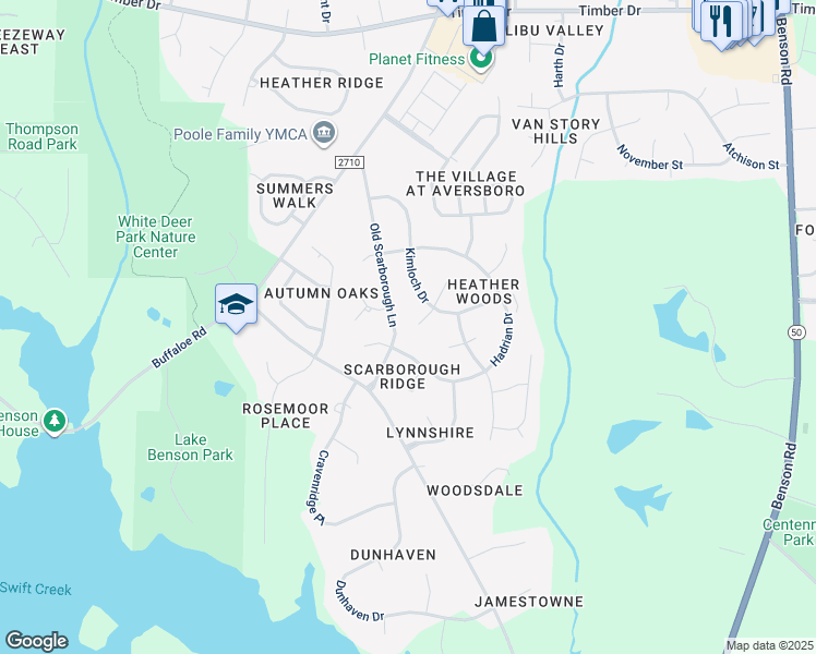 map of restaurants, bars, coffee shops, grocery stores, and more near 212 McNaughton Court in Garner