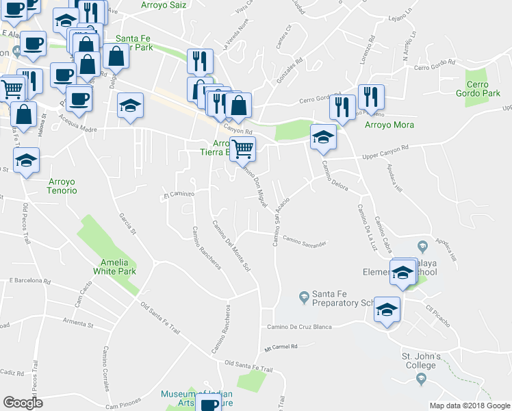 map of restaurants, bars, coffee shops, grocery stores, and more near 108 Vigil Lane in Santa Fe
