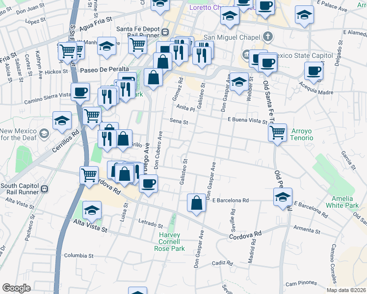map of restaurants, bars, coffee shops, grocery stores, and more near 218 West Houghton Street in Santa Fe