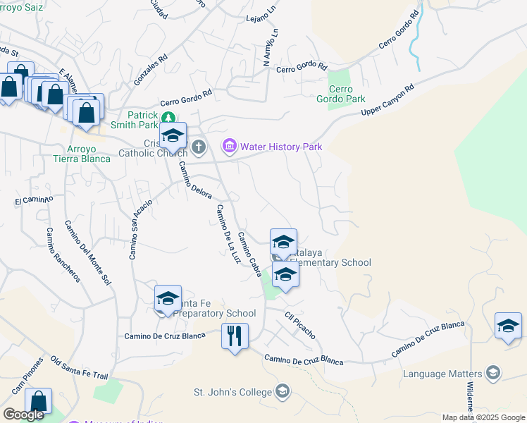 map of restaurants, bars, coffee shops, grocery stores, and more near 424 Apodaca Hill in Santa Fe