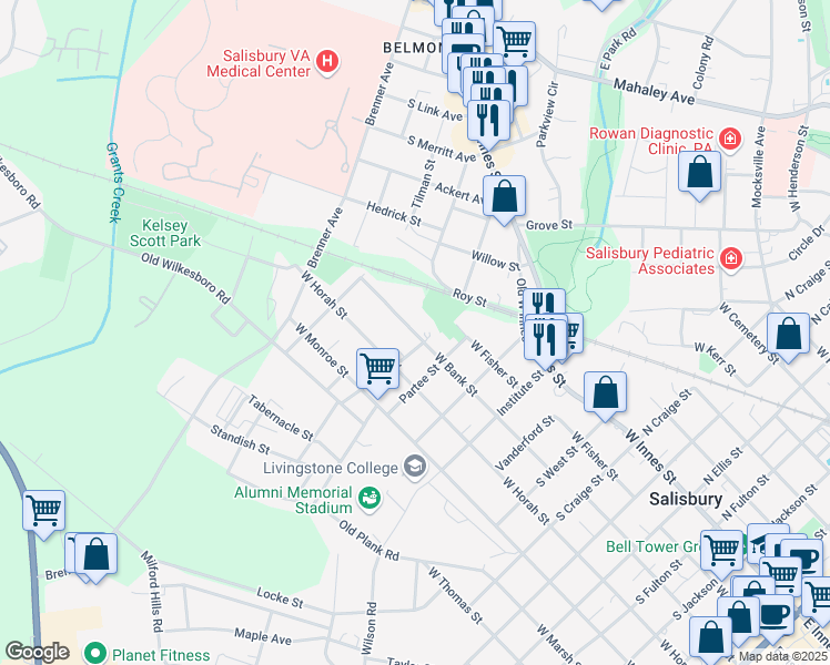 map of restaurants, bars, coffee shops, grocery stores, and more near 1300 West Bank Street in Salisbury