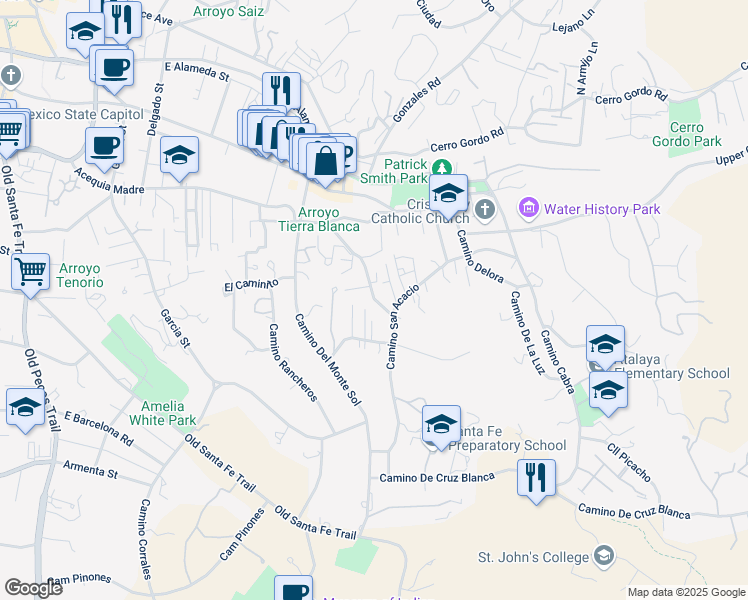 map of restaurants, bars, coffee shops, grocery stores, and more near 108 Vigil Lane in Santa Fe