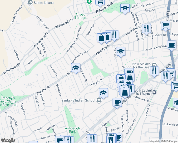 map of restaurants, bars, coffee shops, grocery stores, and more near 949 Verdinal Lane in Santa Fe