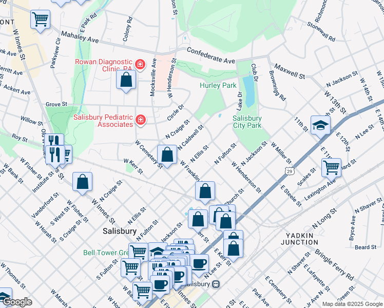 map of restaurants, bars, coffee shops, grocery stores, and more near 631 North Ellis Street in Salisbury