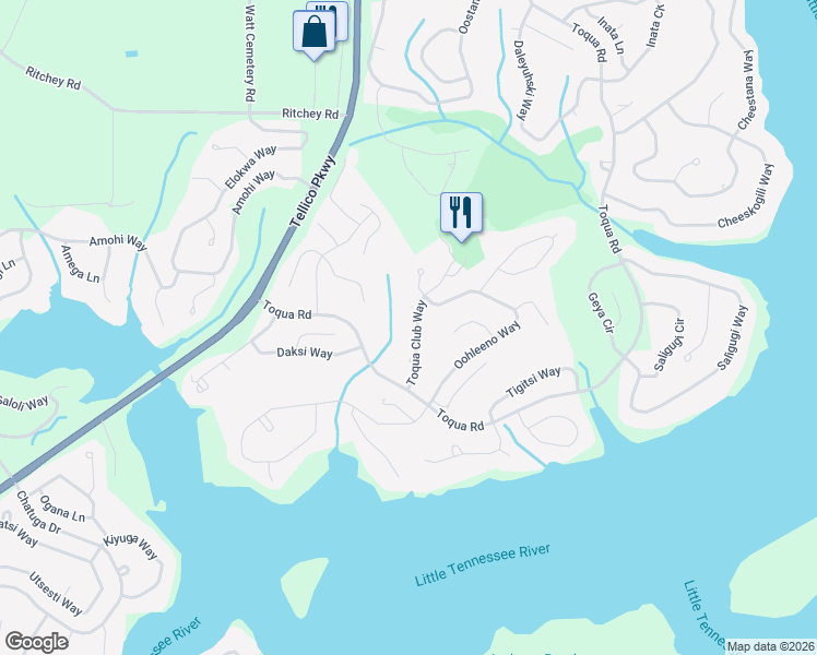 map of restaurants, bars, coffee shops, grocery stores, and more near 116 Toqua Club Way in Loudon