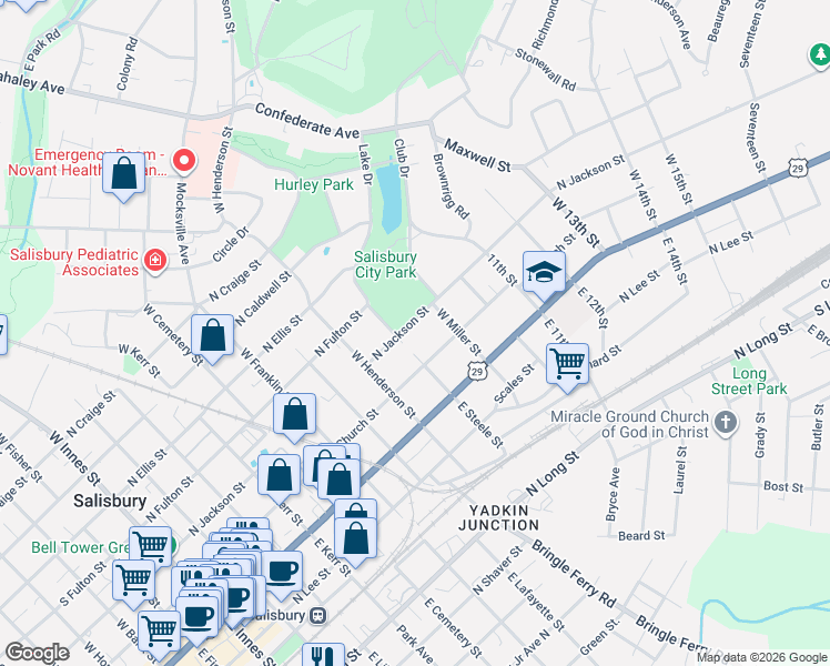 map of restaurants, bars, coffee shops, grocery stores, and more near 901 North Jackson Street in Salisbury