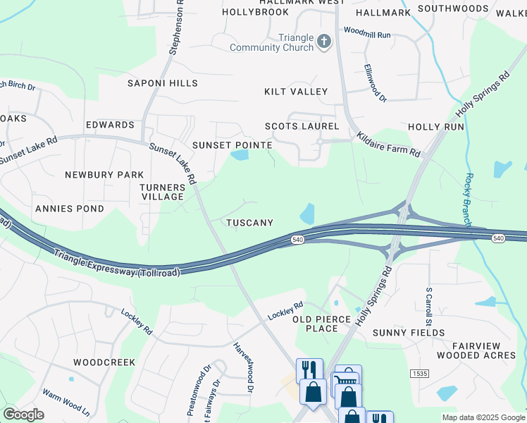 map of restaurants, bars, coffee shops, grocery stores, and more near 105 Bellagio Dr in Apex