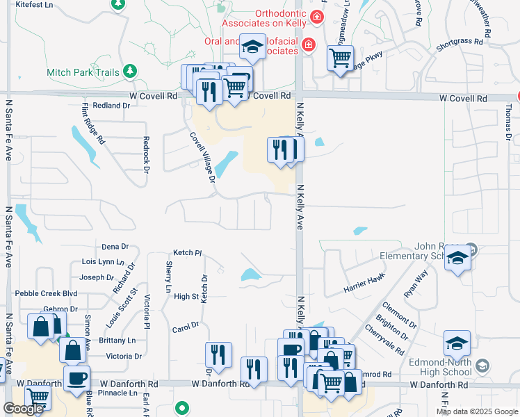 map of restaurants, bars, coffee shops, grocery stores, and more near 2100 Kendal Court in Edmond