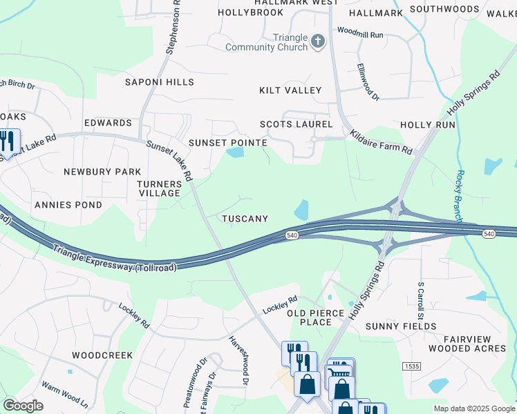 map of restaurants, bars, coffee shops, grocery stores, and more near 105 Bellagio Dr in Apex