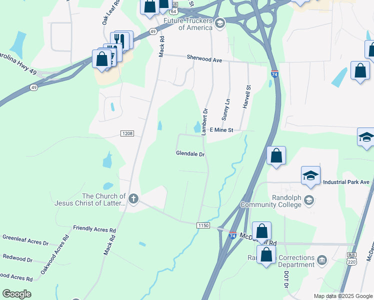 map of restaurants, bars, coffee shops, grocery stores, and more near 646 Glendale Drive in Asheboro