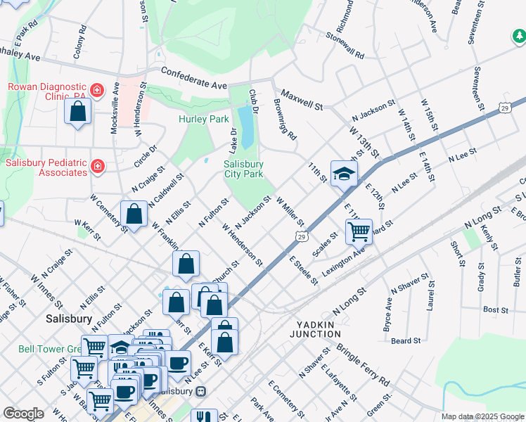 map of restaurants, bars, coffee shops, grocery stores, and more near 901 North Jackson Street in Salisbury