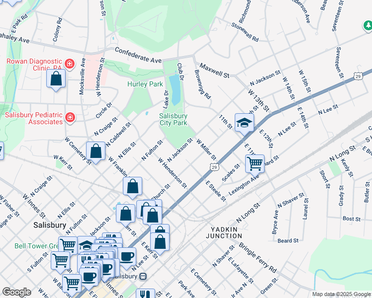 map of restaurants, bars, coffee shops, grocery stores, and more near 901 North Jackson Street in Salisbury