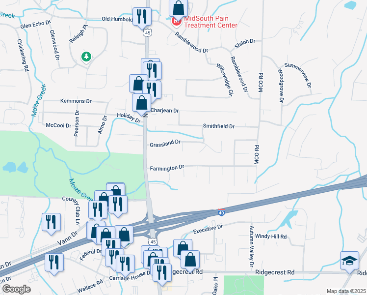 map of restaurants, bars, coffee shops, grocery stores, and more near 90 Grassland Cove in Jackson