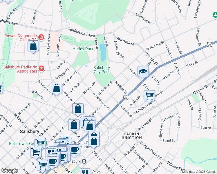 map of restaurants, bars, coffee shops, grocery stores, and more near 901 North Jackson Street in Salisbury