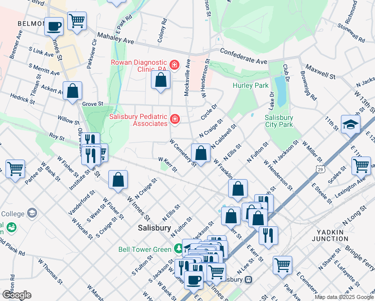 map of restaurants, bars, coffee shops, grocery stores, and more near 205 Institute Street in Salisbury
