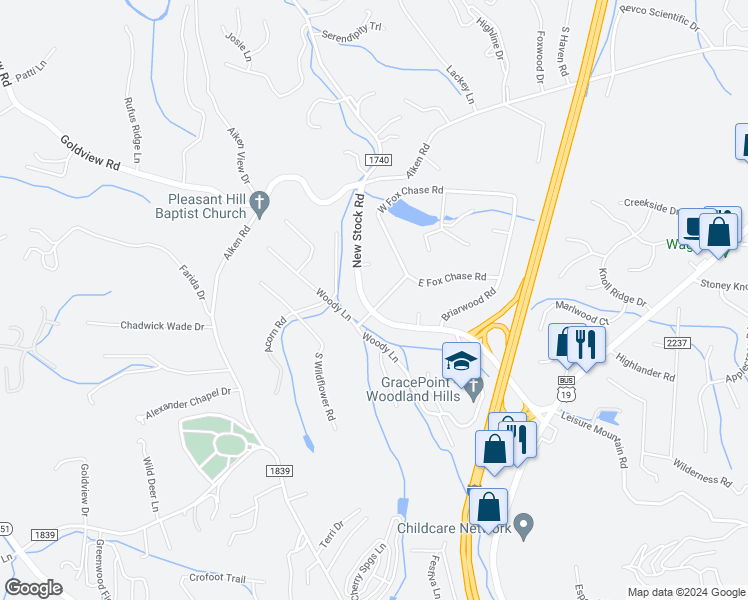 map of restaurants, bars, coffee shops, grocery stores, and more near 2 Fox Chase Road in Asheville