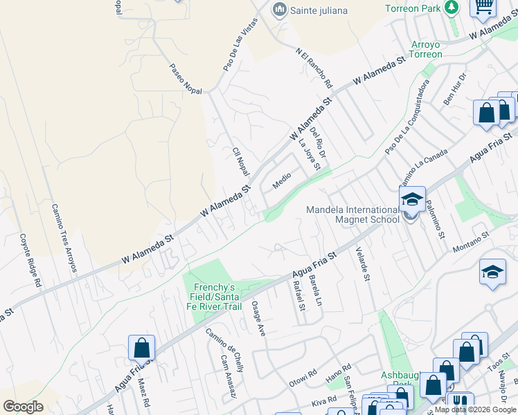 map of restaurants, bars, coffee shops, grocery stores, and more near 2180 West Alameda Street in Santa Fe