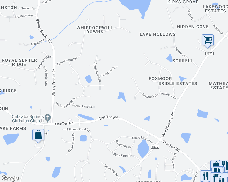 map of restaurants, bars, coffee shops, grocery stores, and more near 7201 Ten-Ten Road in Apex