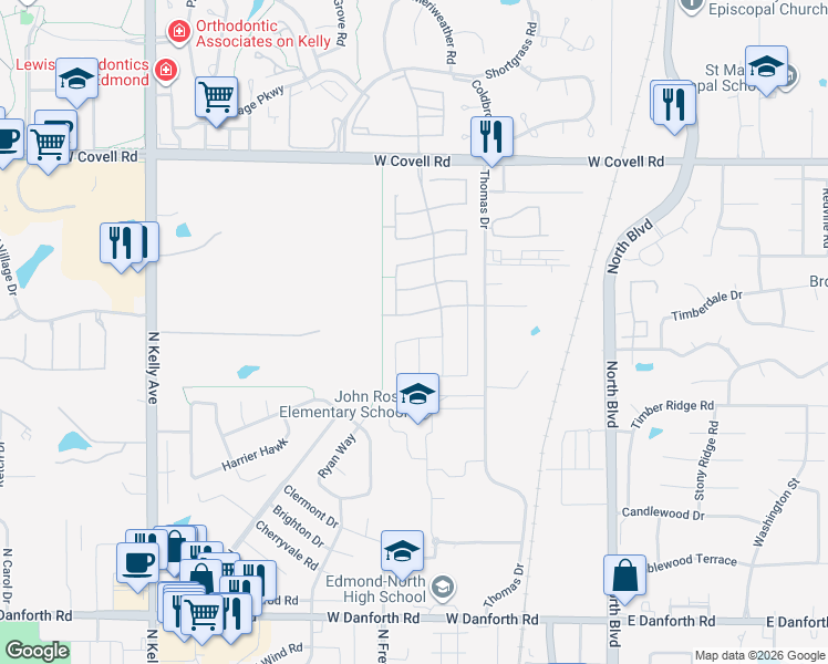 map of restaurants, bars, coffee shops, grocery stores, and more near 437 Gold Fields Trail in Edmond