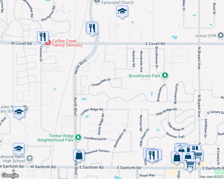 map of restaurants, bars, coffee shops, grocery stores, and more near 600 Heatherstone Road in Edmond
