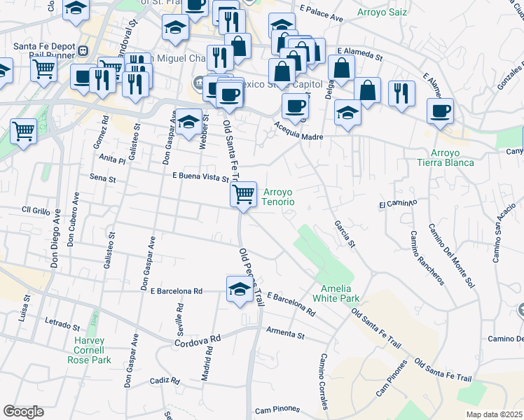 map of restaurants, bars, coffee shops, grocery stores, and more near 825 Old Santa Fe Trail in Santa Fe