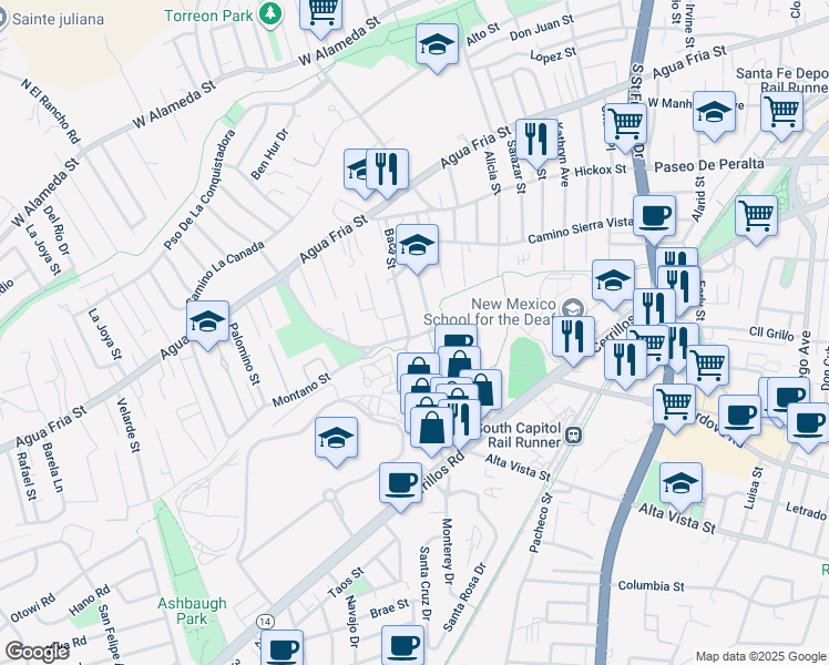 map of restaurants, bars, coffee shops, grocery stores, and more near 799 Baca Street in Santa Fe