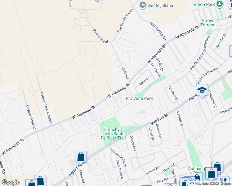 map of restaurants, bars, coffee shops, grocery stores, and more near 2214 West Alameda Street in Santa Fe
