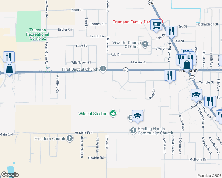 map of restaurants, bars, coffee shops, grocery stores, and more near 449 Fox Run in Trumann