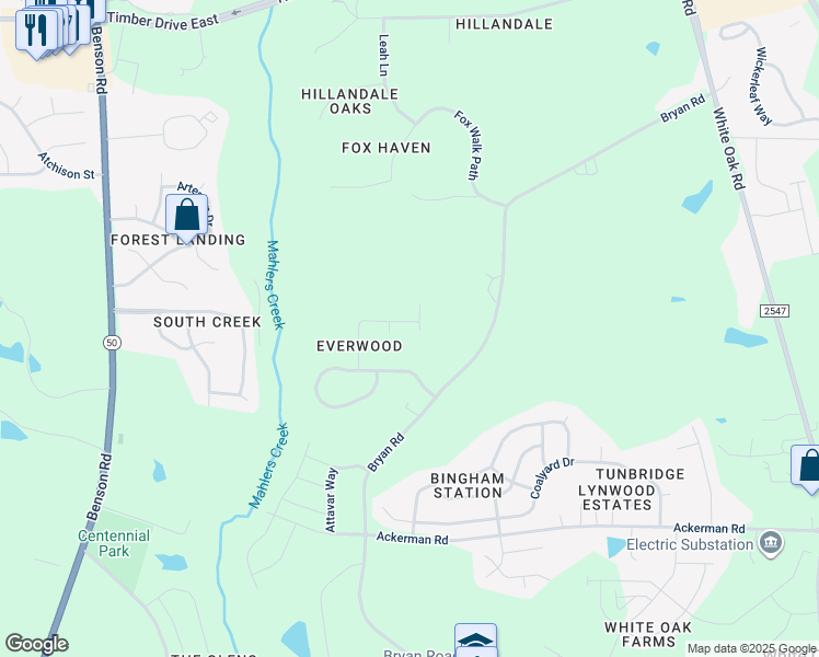 map of restaurants, bars, coffee shops, grocery stores, and more near 103 Twinberry Lane in Garner