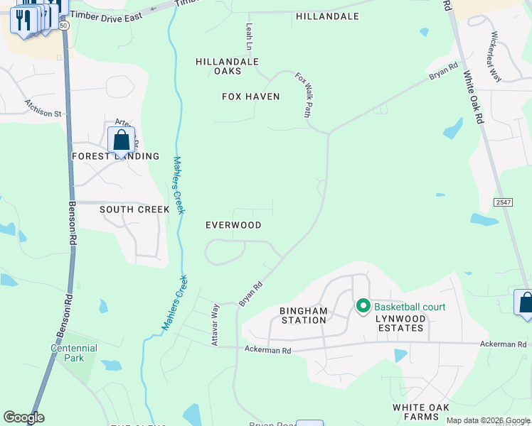 map of restaurants, bars, coffee shops, grocery stores, and more near 103 Twinberry Lane in Garner
