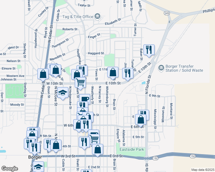 map of restaurants, bars, coffee shops, grocery stores, and more near 400 East 10th Street in Borger