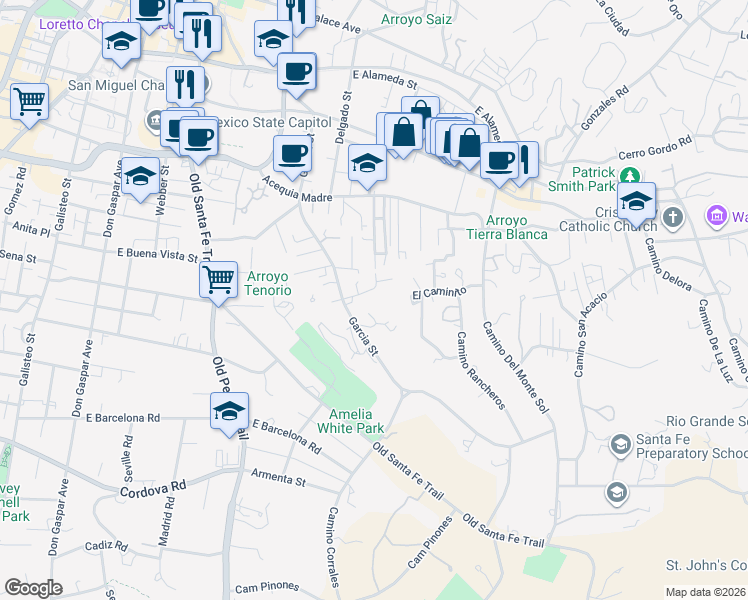 map of restaurants, bars, coffee shops, grocery stores, and more near 641 Garcia Street in Santa Fe