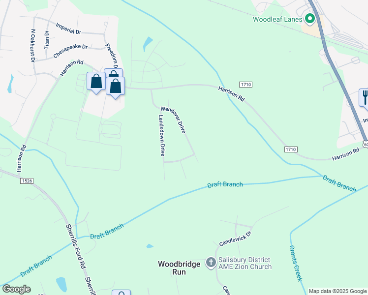 map of restaurants, bars, coffee shops, grocery stores, and more near 422 Wendover Drive in Salisbury