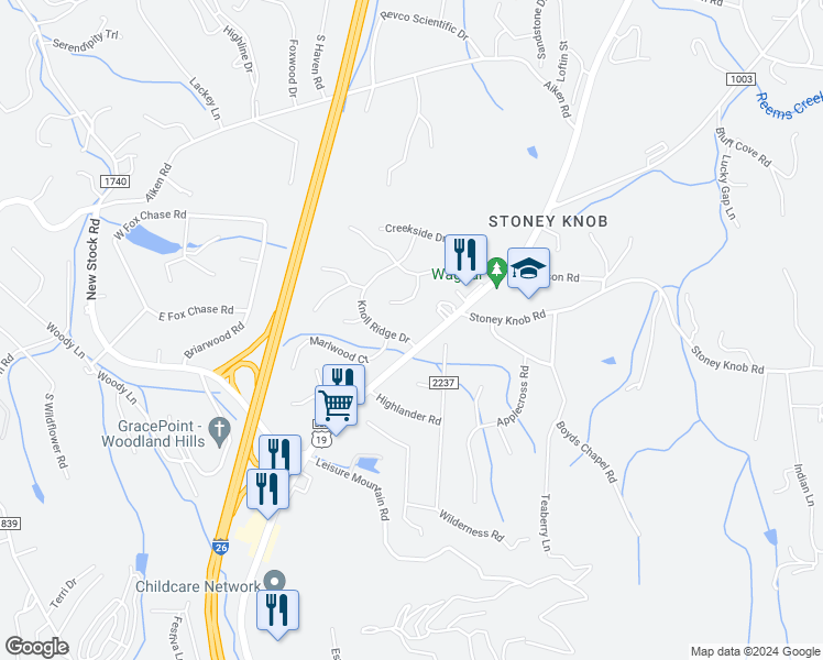 map of restaurants, bars, coffee shops, grocery stores, and more near 5 Knoll Ridge Drive in Asheville