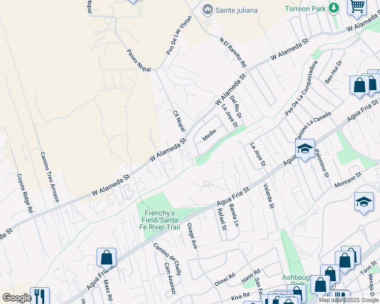 map of restaurants, bars, coffee shops, grocery stores, and more near 2180 West Alameda Street in Santa Fe