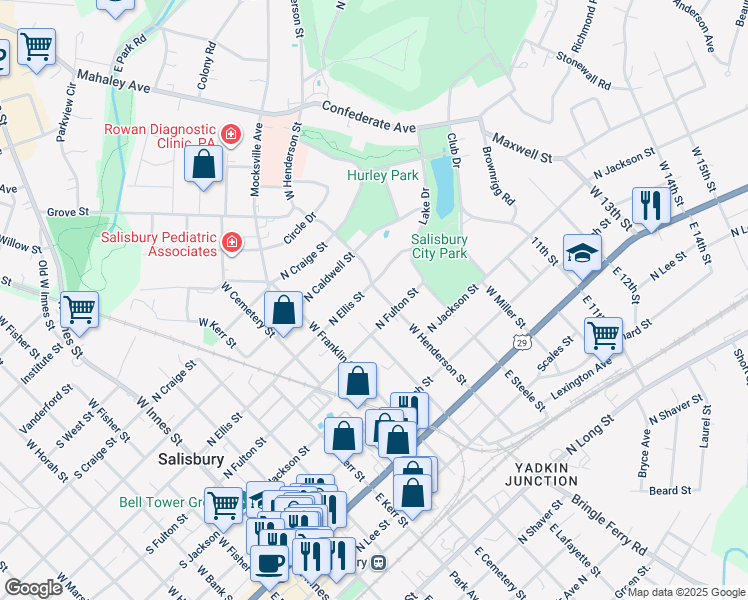 map of restaurants, bars, coffee shops, grocery stores, and more near 724 North Fulton Street in Salisbury