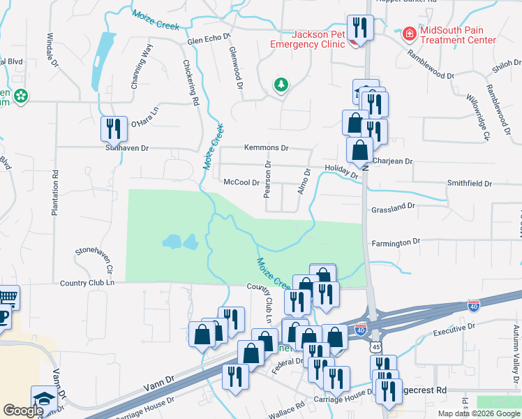 map of restaurants, bars, coffee shops, grocery stores, and more near 22 Brookhaven Drive in Jackson