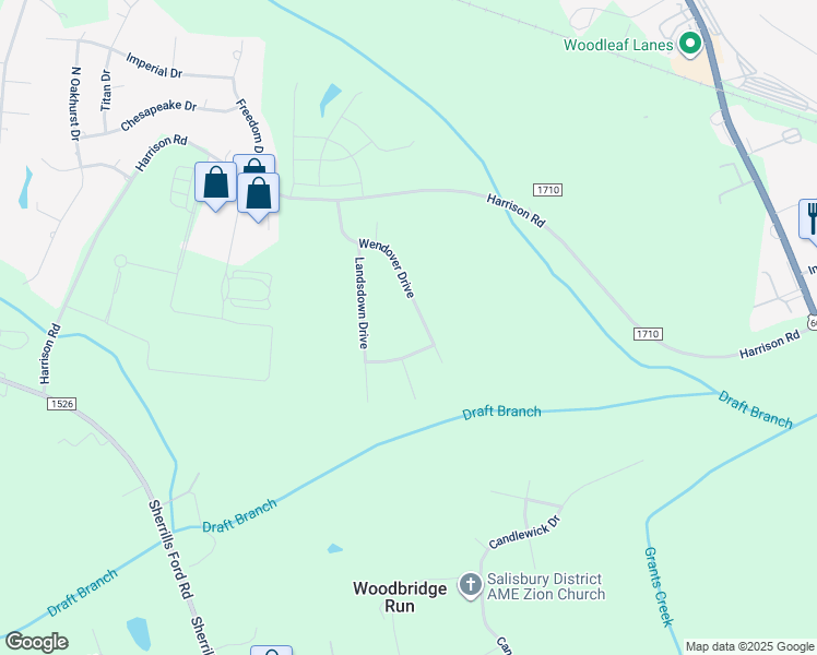 map of restaurants, bars, coffee shops, grocery stores, and more near 448 Wendover Drive in Salisbury